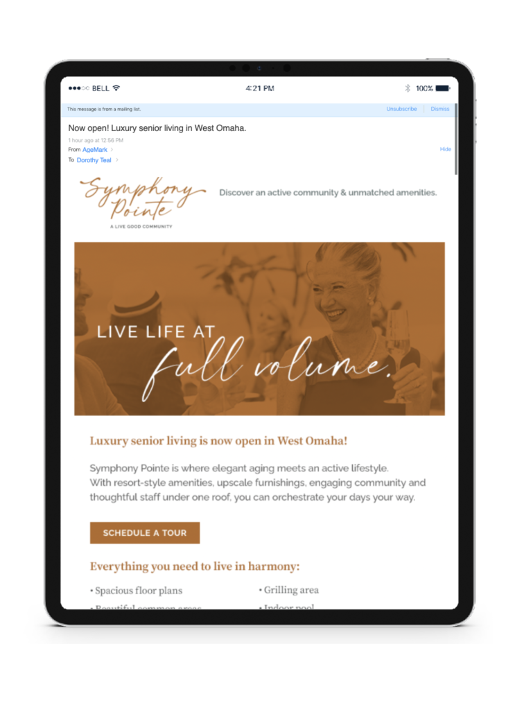 Symphony Pointe email displayed on an iPad.